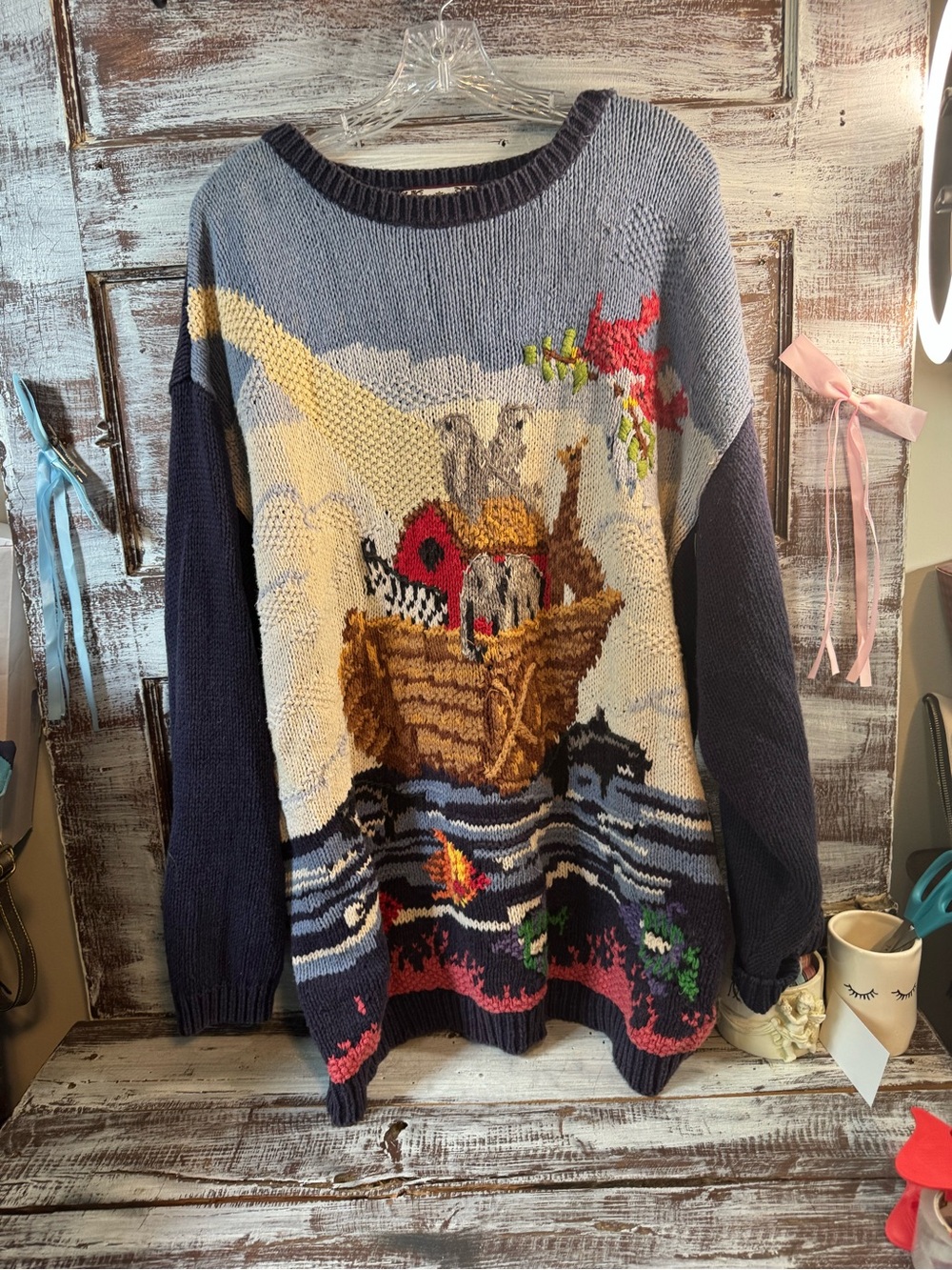 Tiara Vintage Navy Multi-Color Noah's Ark Knit Sweater